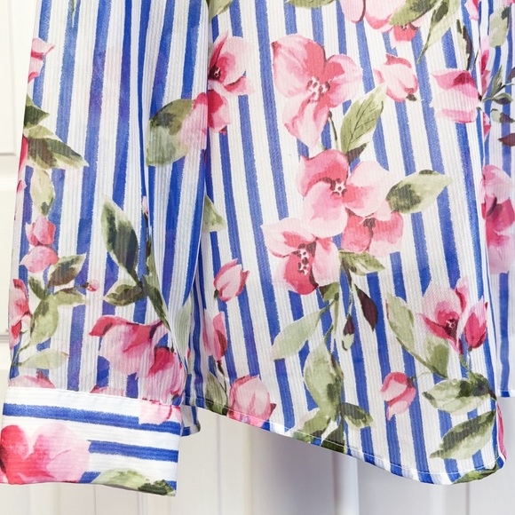 Talbots Sheer Floral Blue Stripe Print Long Sleeve Button Down Shirt XL - Picture 12 of 16